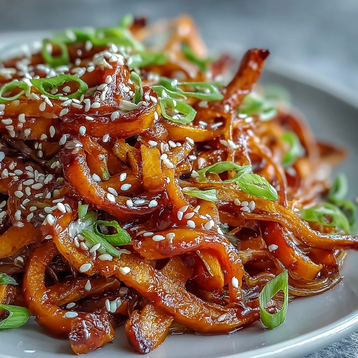 Golden roasted swede ribbons and rice noodles tossed in a glossy, spicy-sweet gochujang dressing for a vibrant vegan main dish.