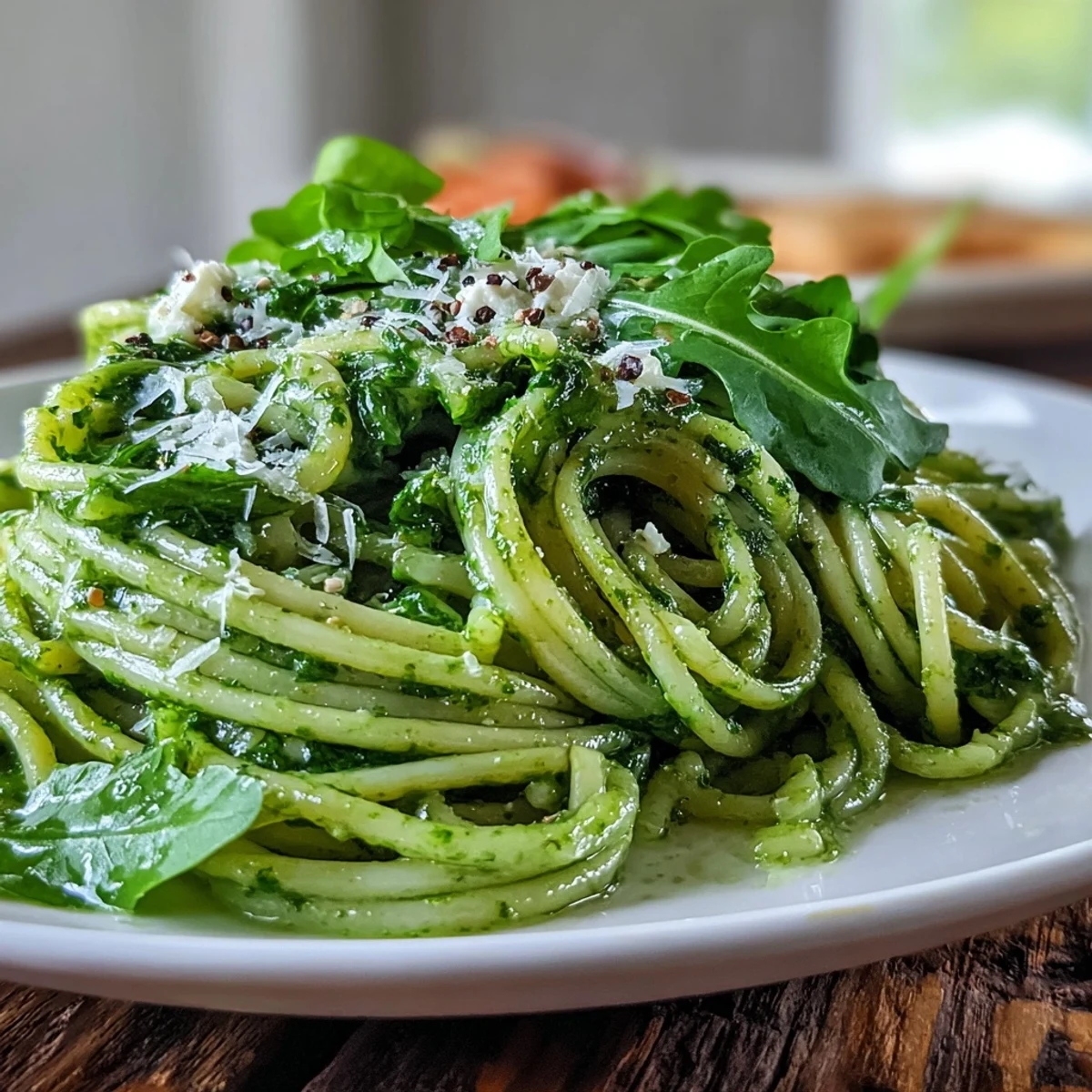 Freshly made Linguine with Arugula Pesto tossed in a bowl, garnished with extra greens and grated Parmesan.