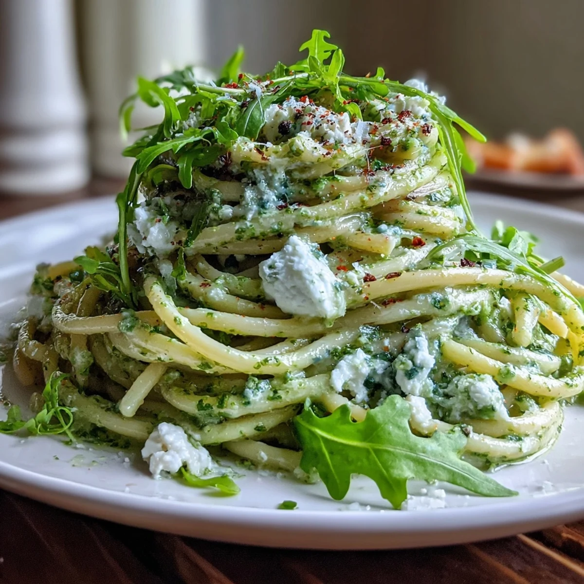 Serving plate of Linguine with Arugula Pesto with lemon wedges and a fork, ready to eat.