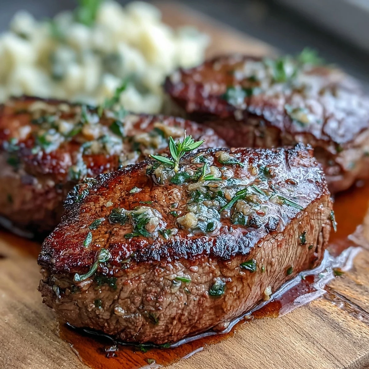 Pan-seared Venison Steaks with Caraway Crushed Swede are plated with a rich red wine reduction sauce.