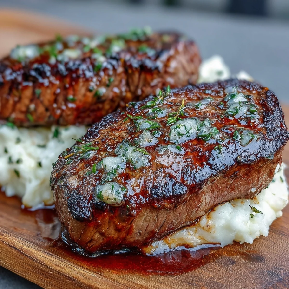 Tender Venison Steaks with Caraway Crushed Swede are served family-style, garnished with fresh thyme and caraway seeds.