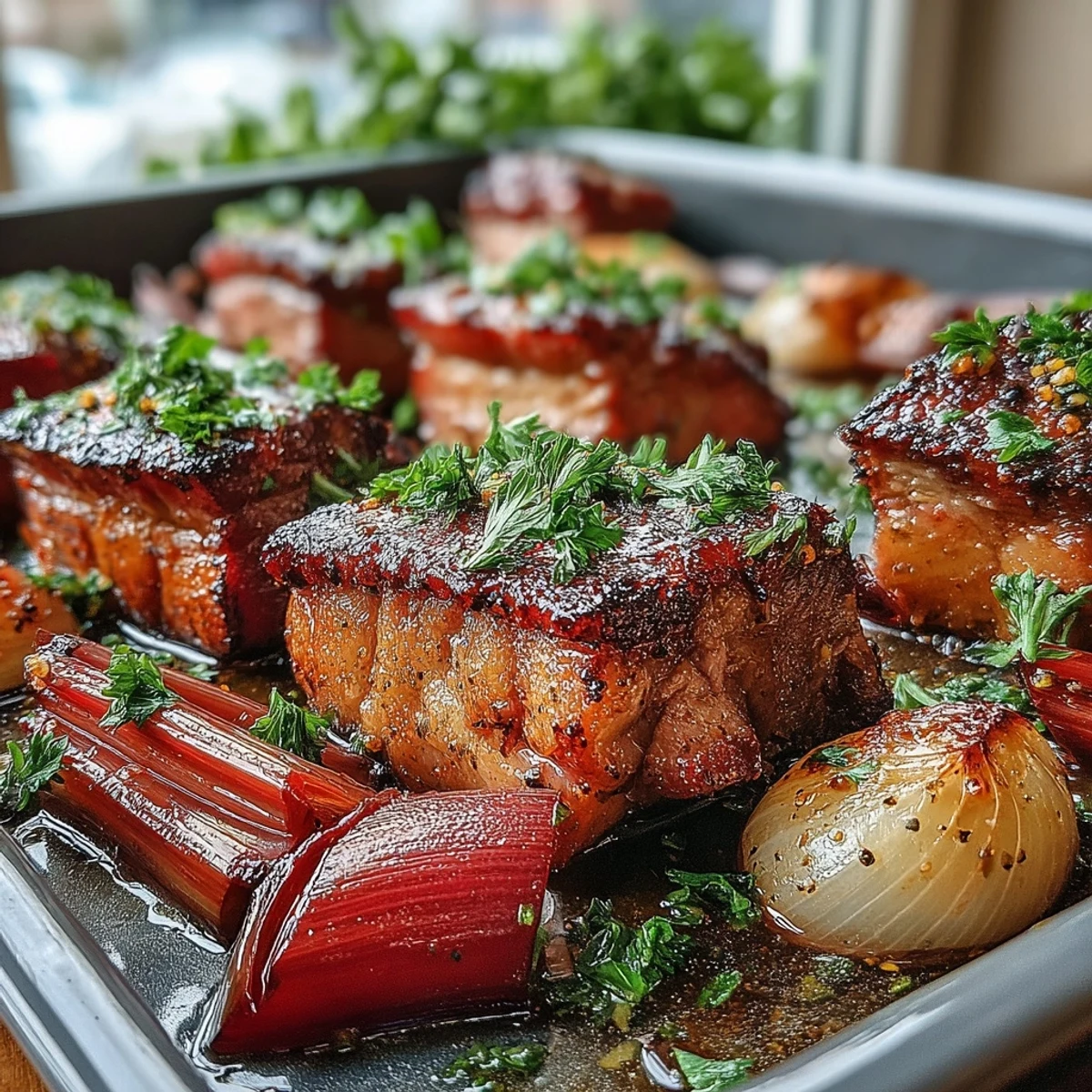 Freshly baked Pork and Aromatic Rhubarb Traybake garnished with vibrant green parsley, served alongside couscous for a complete meal.