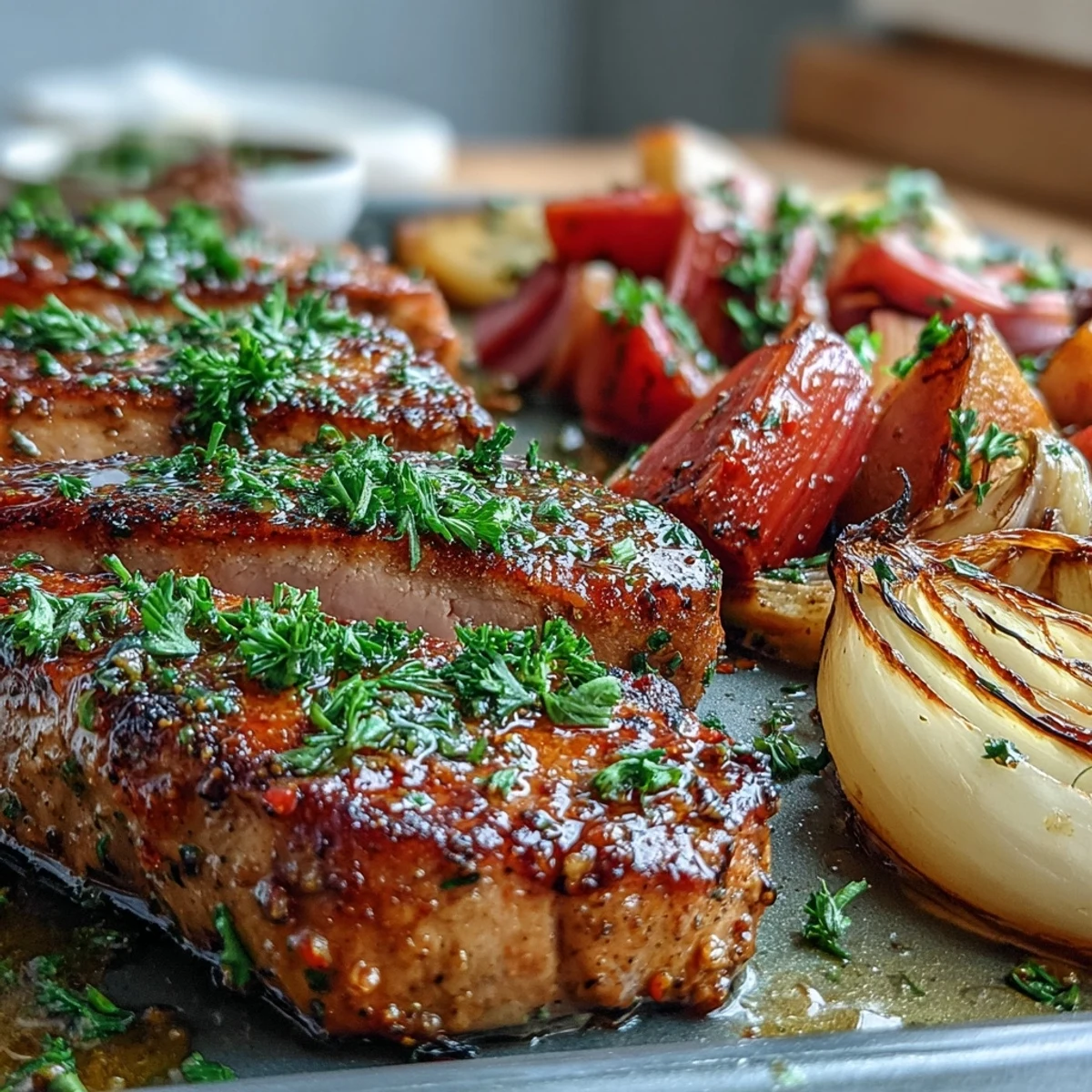 Savory slices of juicy pork and tender rhubarb, baked together in the Pork and Aromatic Rhubarb Traybake on a baking sheet.