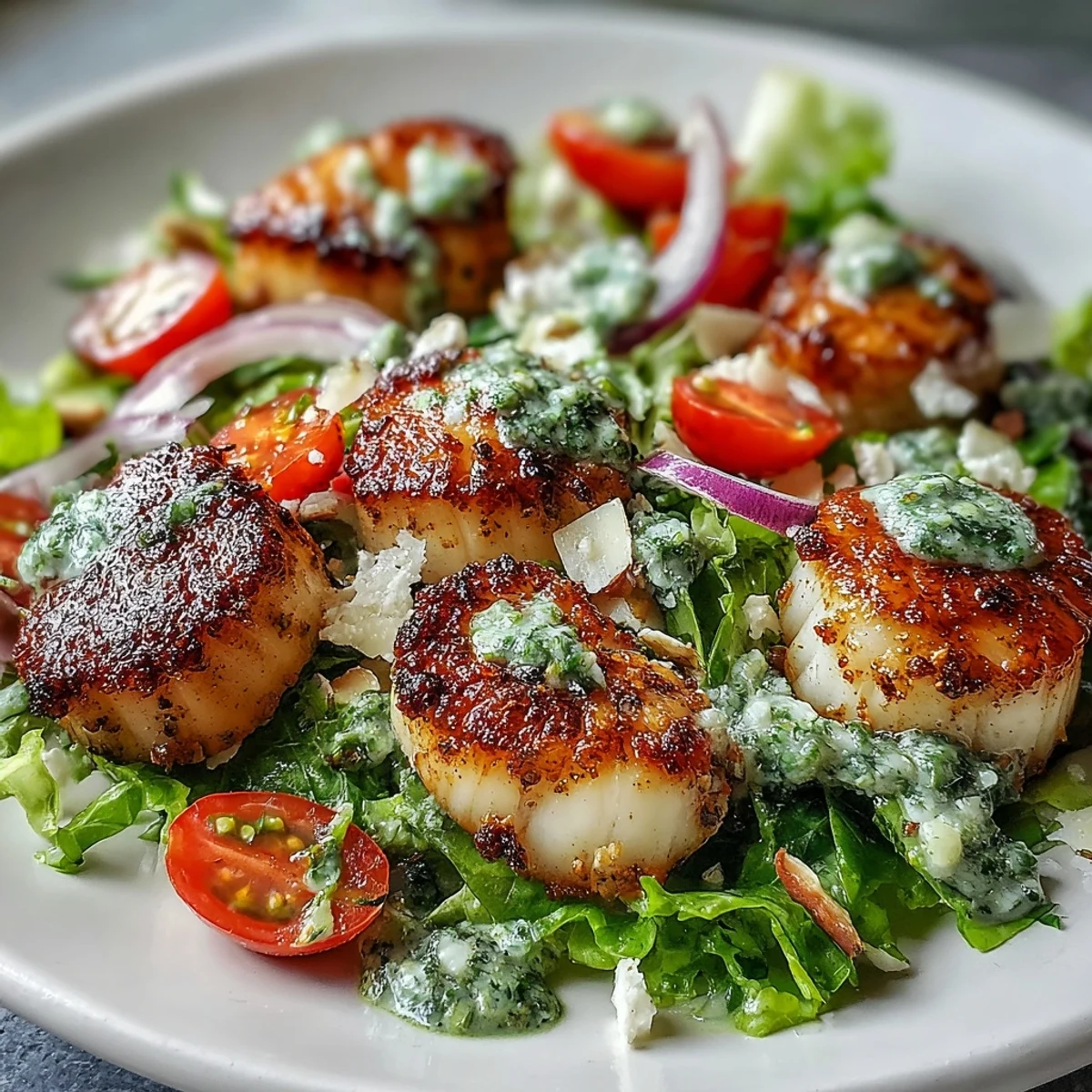 Golden seared scallops sit atop a crisp escarole salad drizzled with bright pesto vinaigrette.