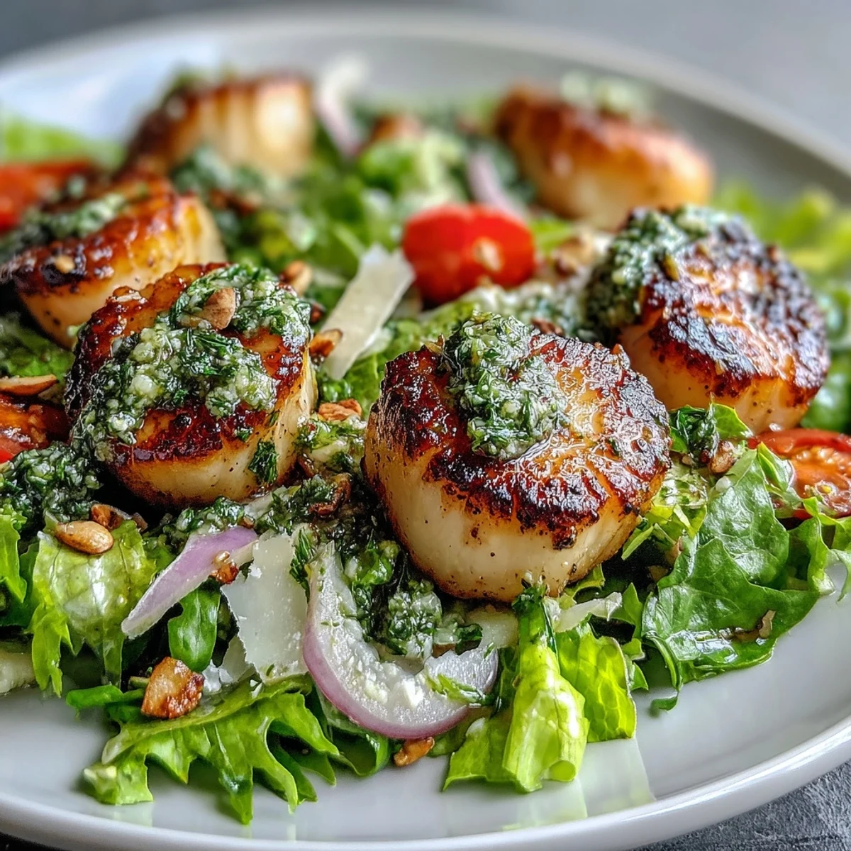 Plump scallops with a caramelized crust top fresh greens and shaved Parmesan cheese.