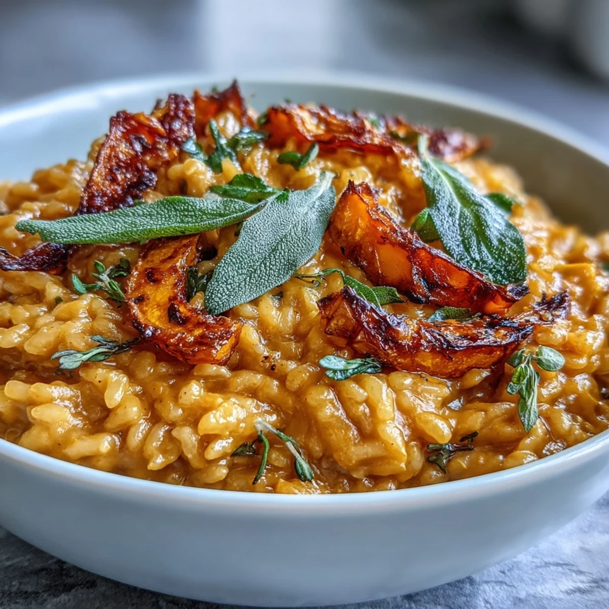Creamy Vegan Pumpkin Risotto topped with golden roasted pumpkin cubes and crispy sage leaves served in a rustic bowl.