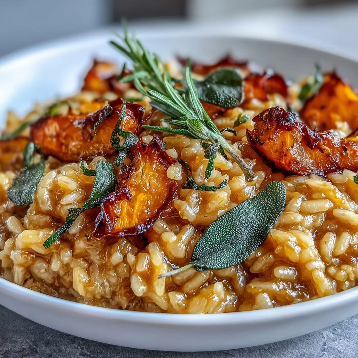 Comforting Vegan Pumpkin Risotto plated in a skillet with roasted pumpkin, finished with lemon zest and herbs.