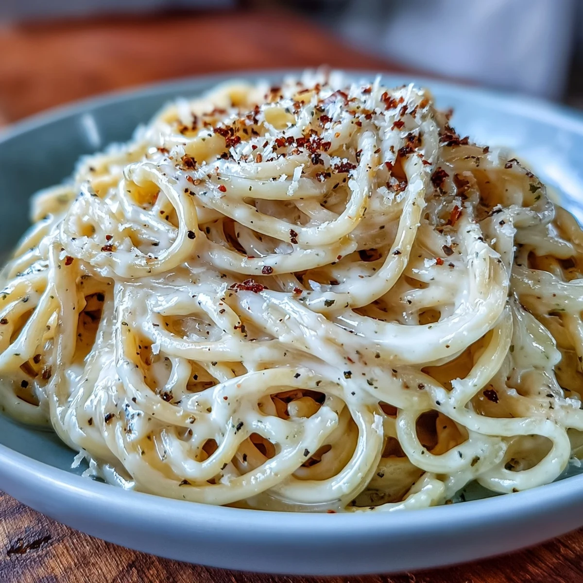 Golden strands of Cacio e Pepe glisten with freshly cracked black pepper and grated Pecorino Romano, served hot in a rustic bowl.