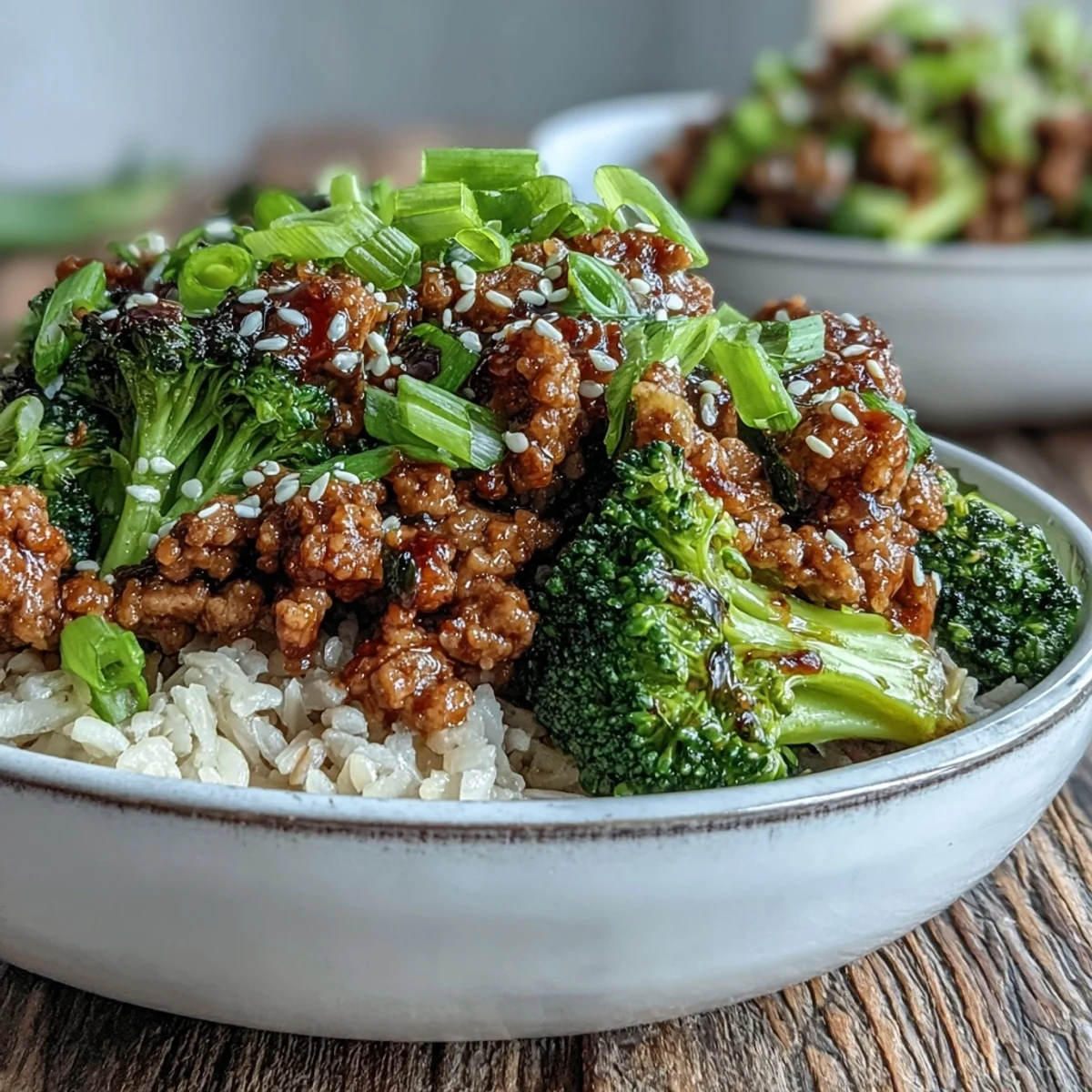 Sweet and Spicy Turkey Broccoli Bowls feature tender ground turkey glazed in a fiery honey-sriracha sauce over brown rice. A close-up reveals steamed broccoli florets and a sprinkle of sesame seeds.