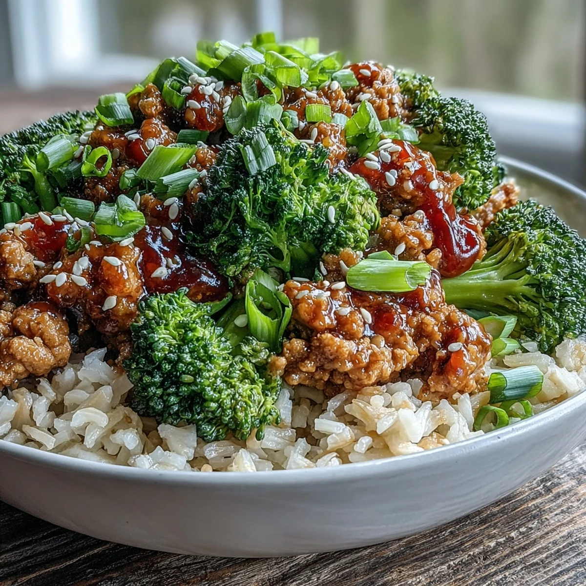 A vibrant serving of Sweet and Spicy Turkey Broccoli Bowls, ready for a healthy weeknight dinner. The saucy turkey and bright green broccoli sit atop fluffy grains, garnished with fresh green onions.
