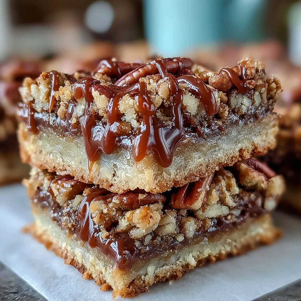 Decadent Sweet and Chewy Turtle Bars feature golden baked crumbs, melted chocolate, and pecans in a 9x9-inch pan.