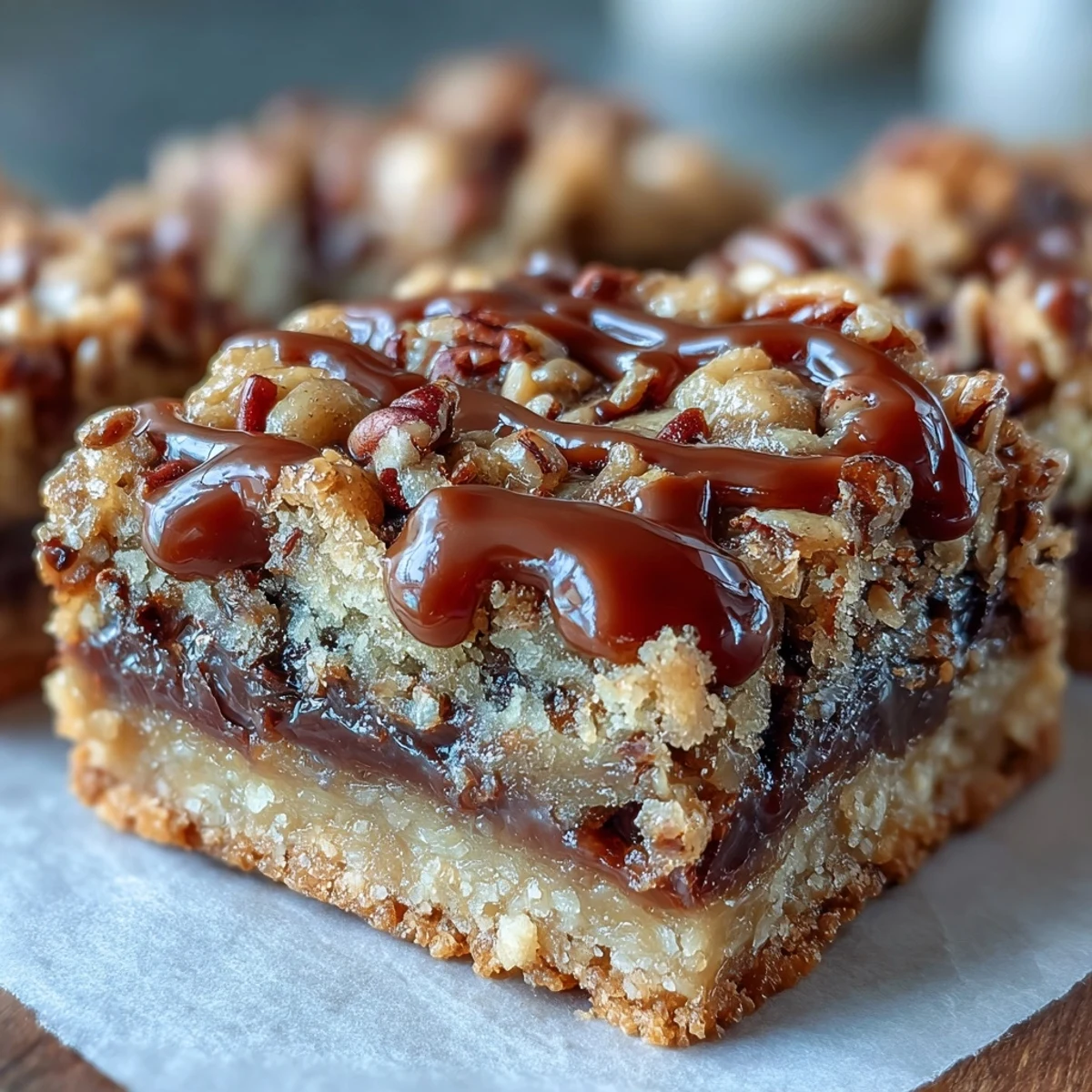 Gooey Decadent Sweet and Chewy Turtle Bars cool on a wire rack, featuring a crumbly oat topping.