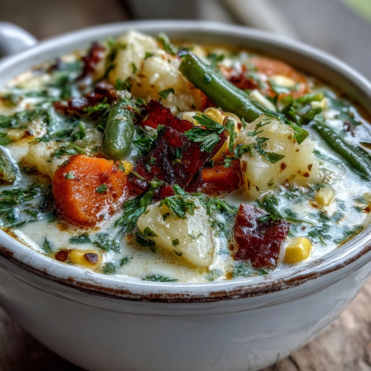 Warm Amish Snow Day Soup garnished with parsley, alongside crusty bread for dipping on a cozy snowy day.