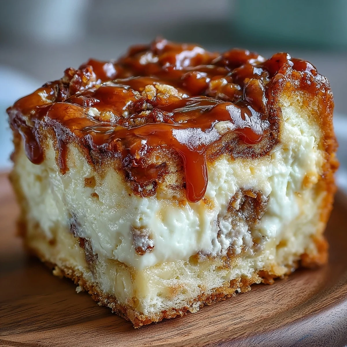 Freshly baked Caramel Cream Cheese Bread with golden crust, visible caramel swirls, and creamy cheesecake-like filling on a rustic board.