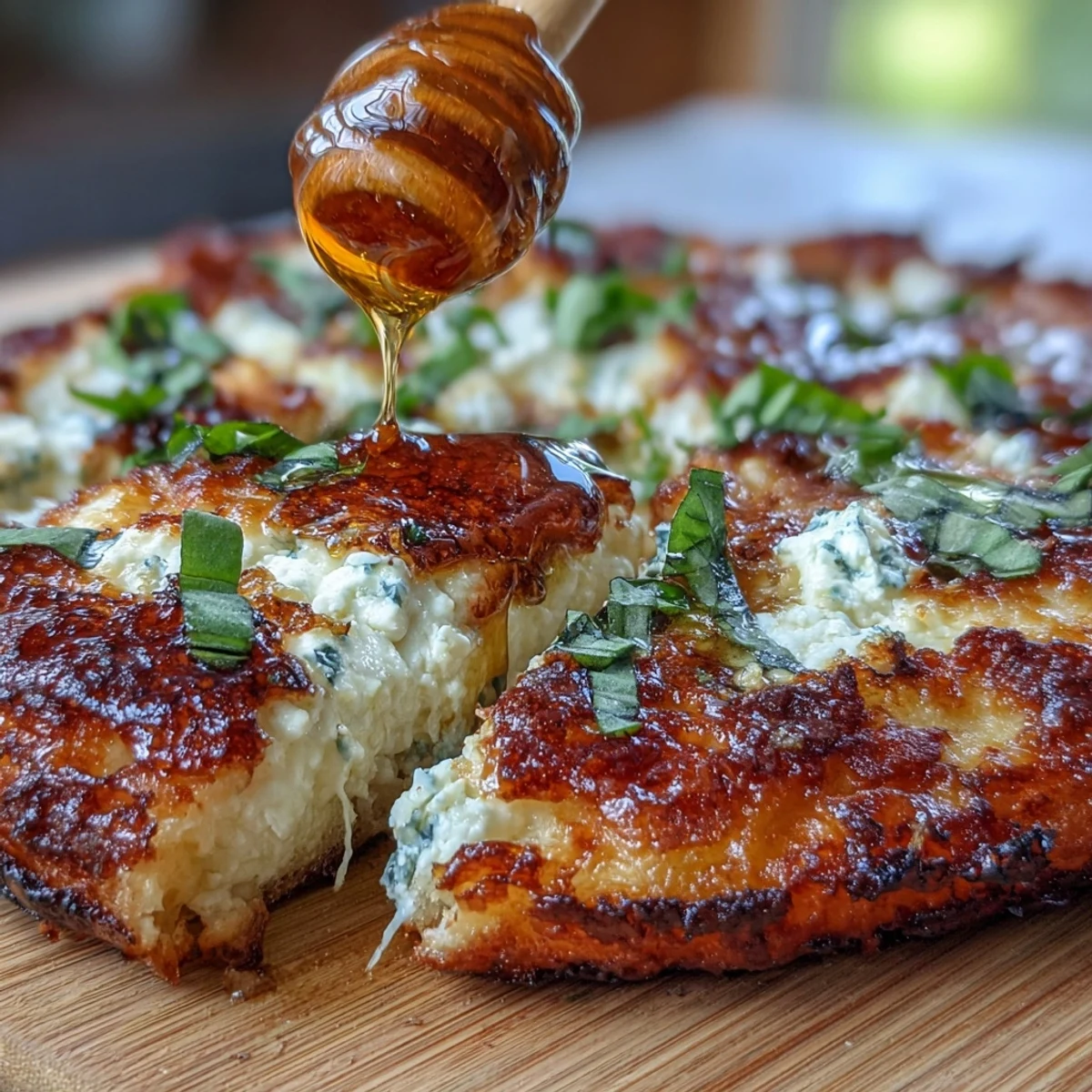 Hot Honey Ricotta Pizza with golden crust, creamy ricotta, bubbling mozzarella, and fresh basil garnish.