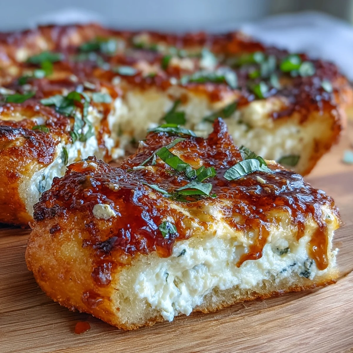 Slices of Hot Honey Ricotta Pizza with spicy honey drizzle, served on a rustic wooden board.