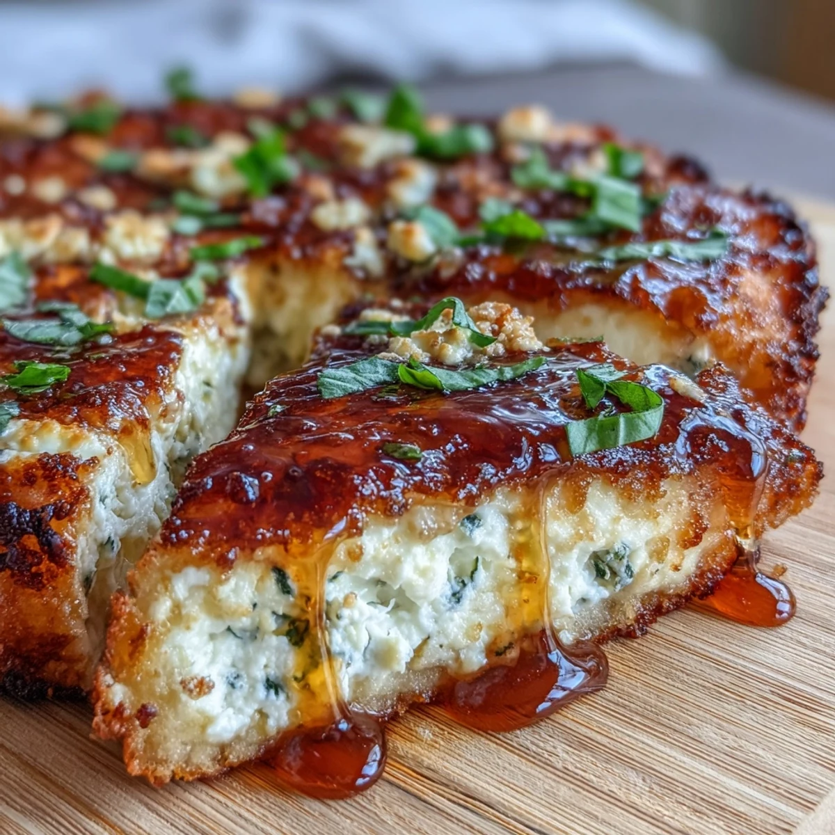 A golden-baked Hot Honey Ricotta Pizza topped with ricotta, mozzarella, basil, and a drizzle of spicy honey.
