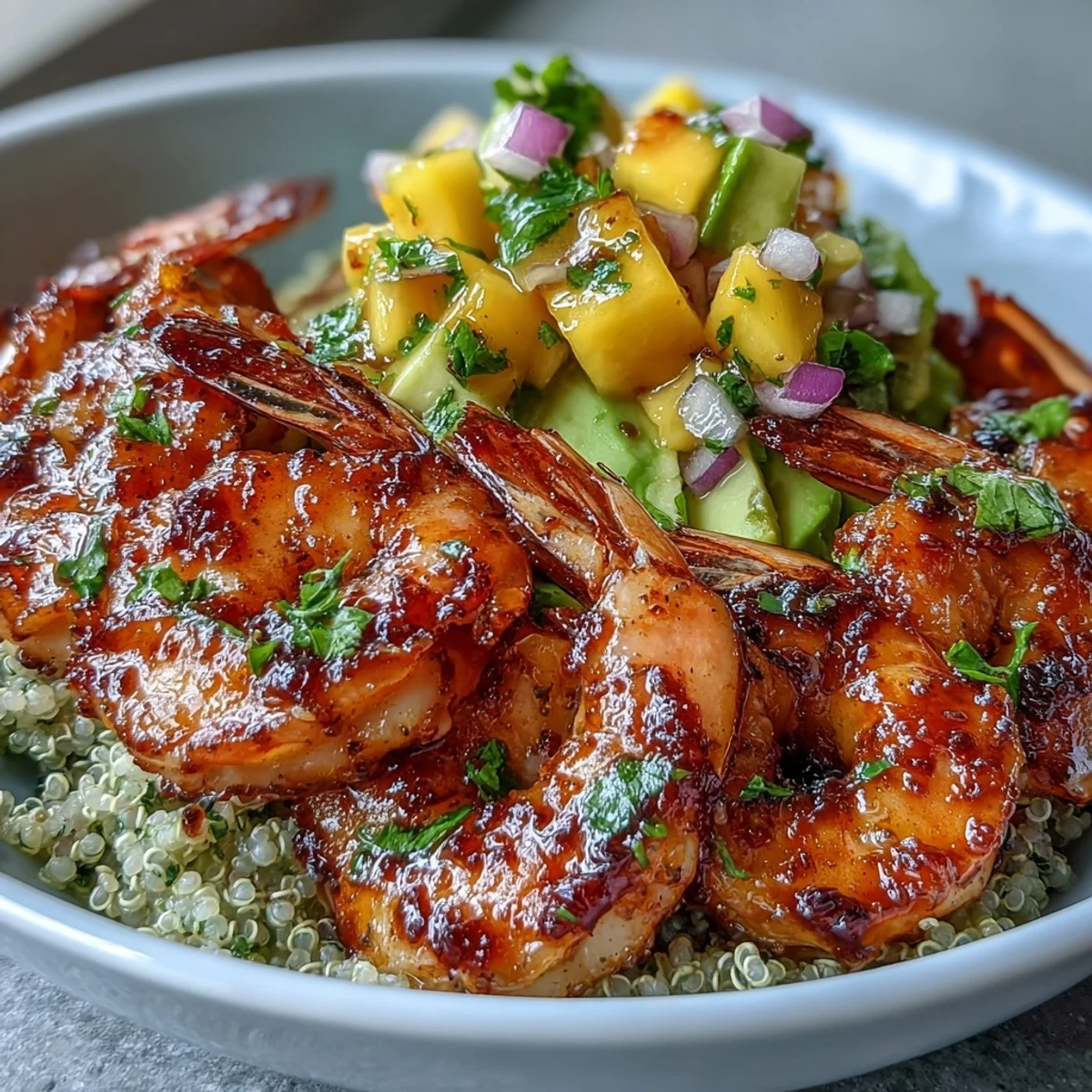 Fresh Shrimp and Creamy Avocado Bowls with Zesty Mango Salsa feature grilled shrimp with smoky char and a drizzle of lime chili sauce.