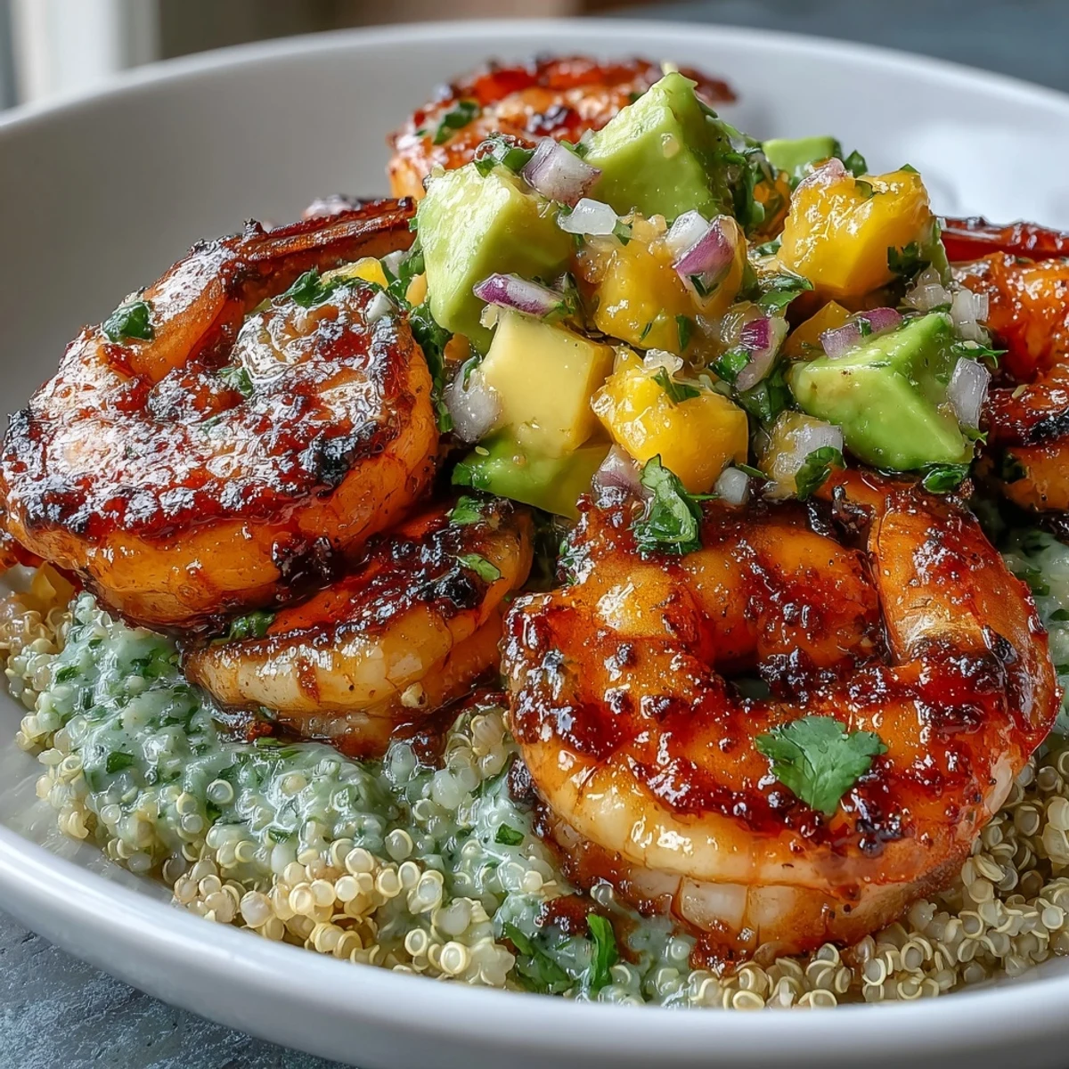 Close-up of Fresh Shrimp and Creamy Avocado Bowls highlighting juicy shrimp, creamy avocado slices, and a colorful mango salsa garnish.