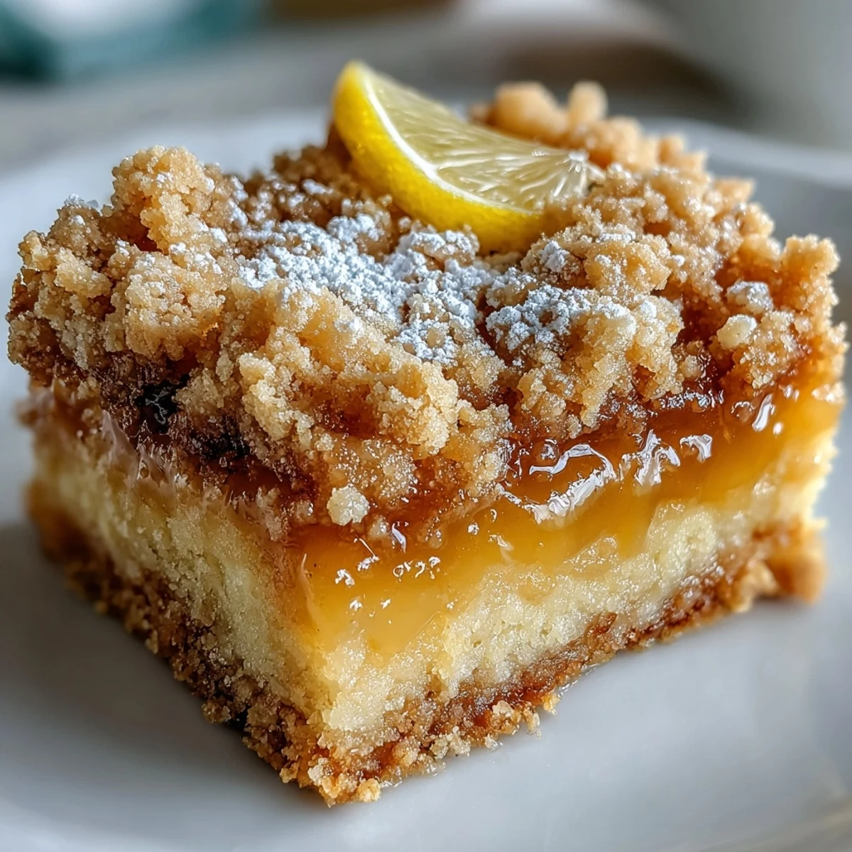 Freshly baked Homemade Lemon Crumb Bars with a bright yellow citrus filling and golden crumb topping on a plate.