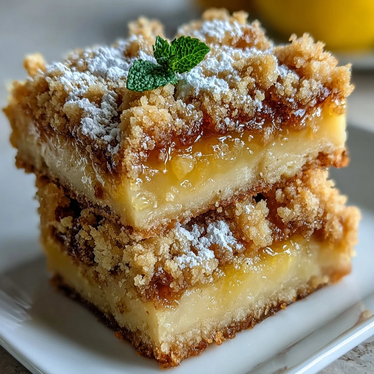 Homemade Lemon Crumb Bars dusted with powdered sugar, showcasing the buttery crumble texture and zesty filling.