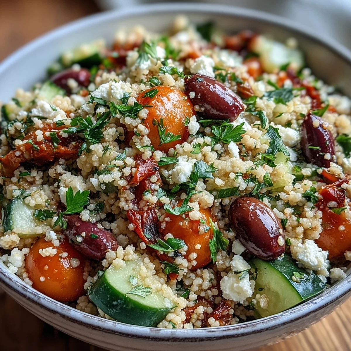 A bowl of Mediterranean Pearl Couscous salad with diced cucumber, red bell pepper, and halved cherry tomatoes tossed with olives and feta.