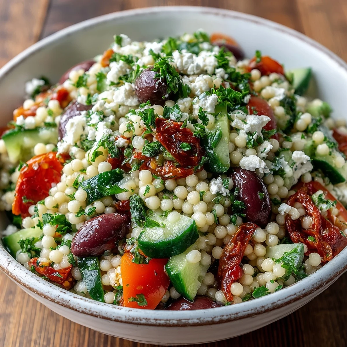 Spoon lifting a serving of Mediterranean Pearl Couscous showing toasted pearls and bright vegetables in a zesty oregano vinaigrette.