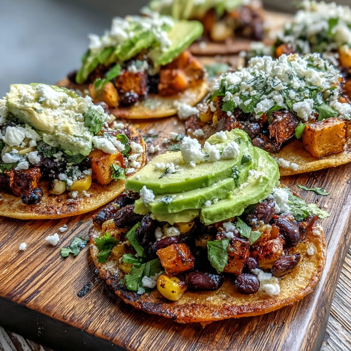Golden roasted sweet potato cubes rest on limey black bean and corn mix inside crisp tostada shells, topped with creamy avocado slices and crumbled feta cheese.