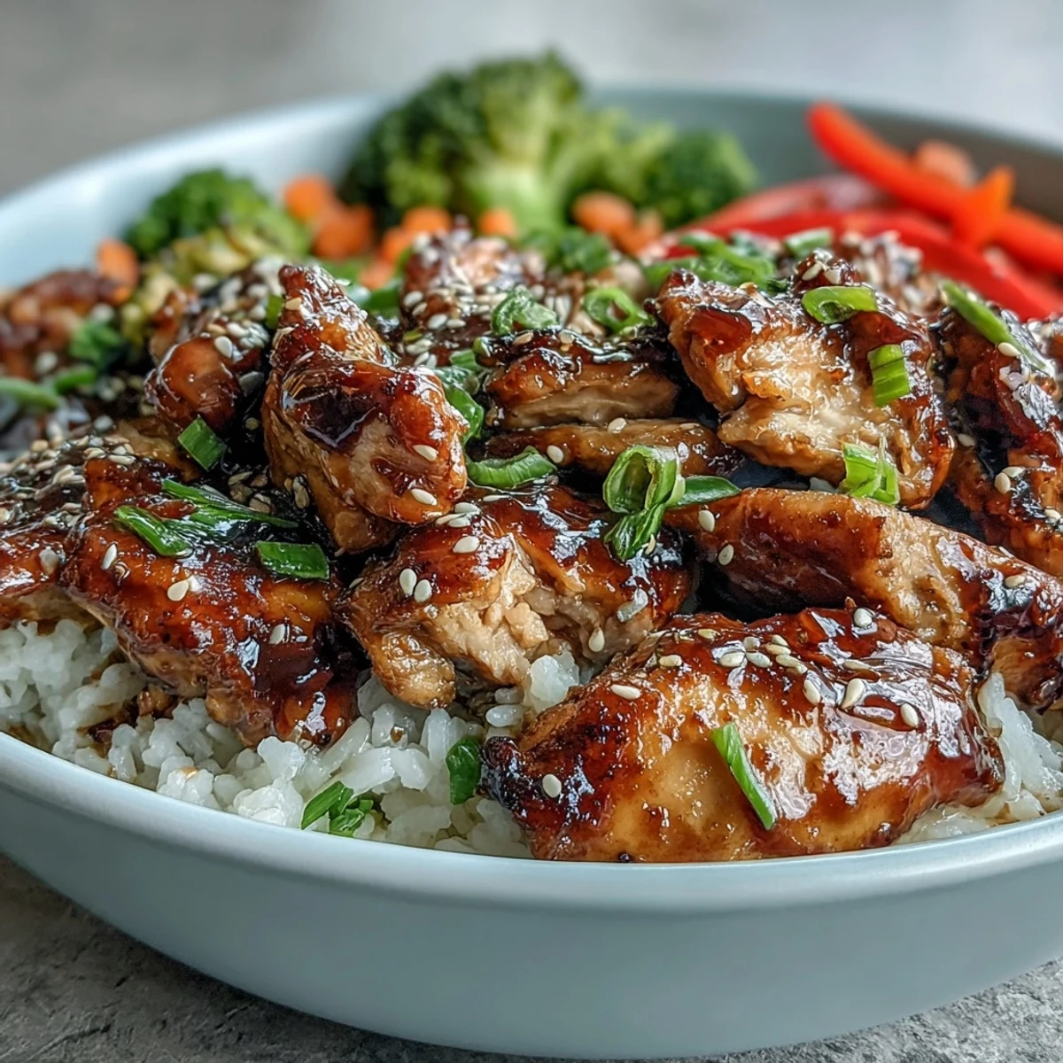 Glazed Honey Garlic Chicken Bowl with fluffy rice, steamed broccoli, and crunchy bell peppers, garnished with sesame seeds.