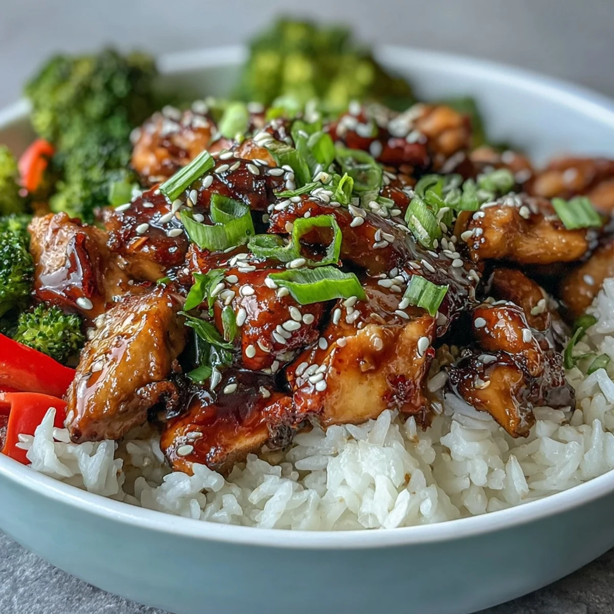 Savory Honey Garlic Chicken Bowl featuring tender glazed chicken, crisp veggies, and fluffy rice, ready to enjoy warm.