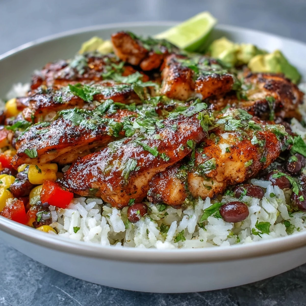 Cajun Chicken Bowl with fluffly rice, black beans, and sweet corn topped with creamy avocado slices.