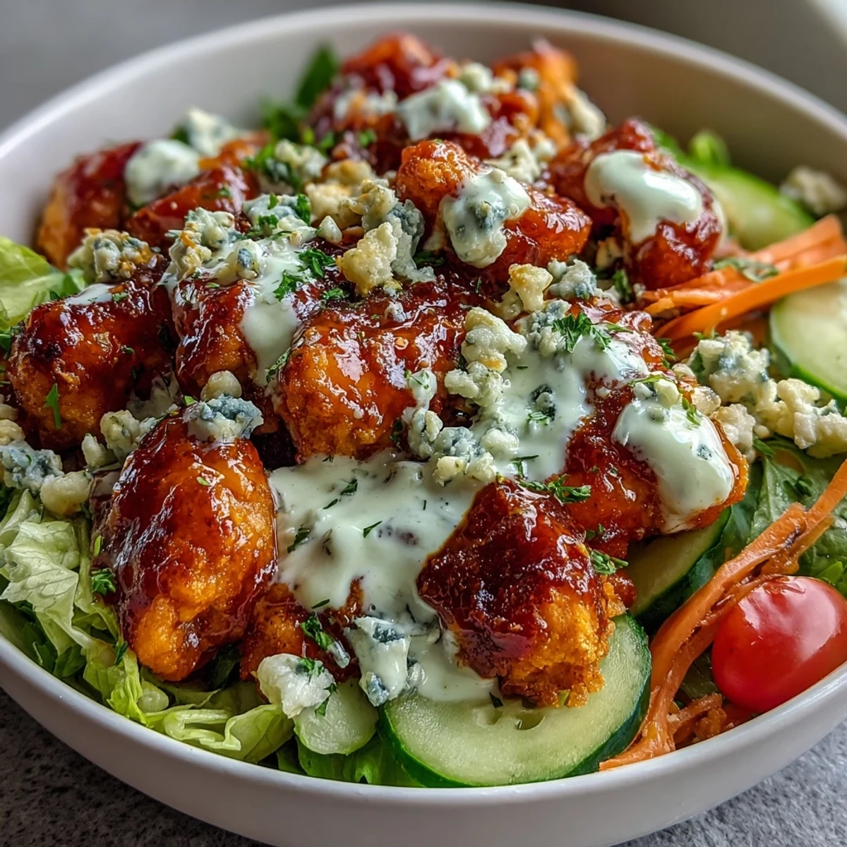 Crisp romaine and tender buffalo chicken layered over rice in a colorful bowl.