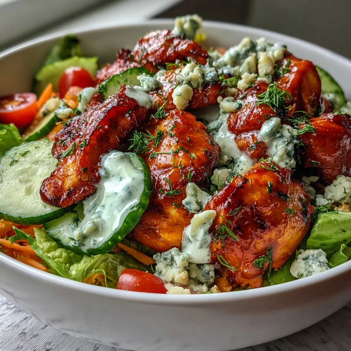 Fresh veggies and creamy ranch drizzle top this spicy Buffalo Chicken Bowl.