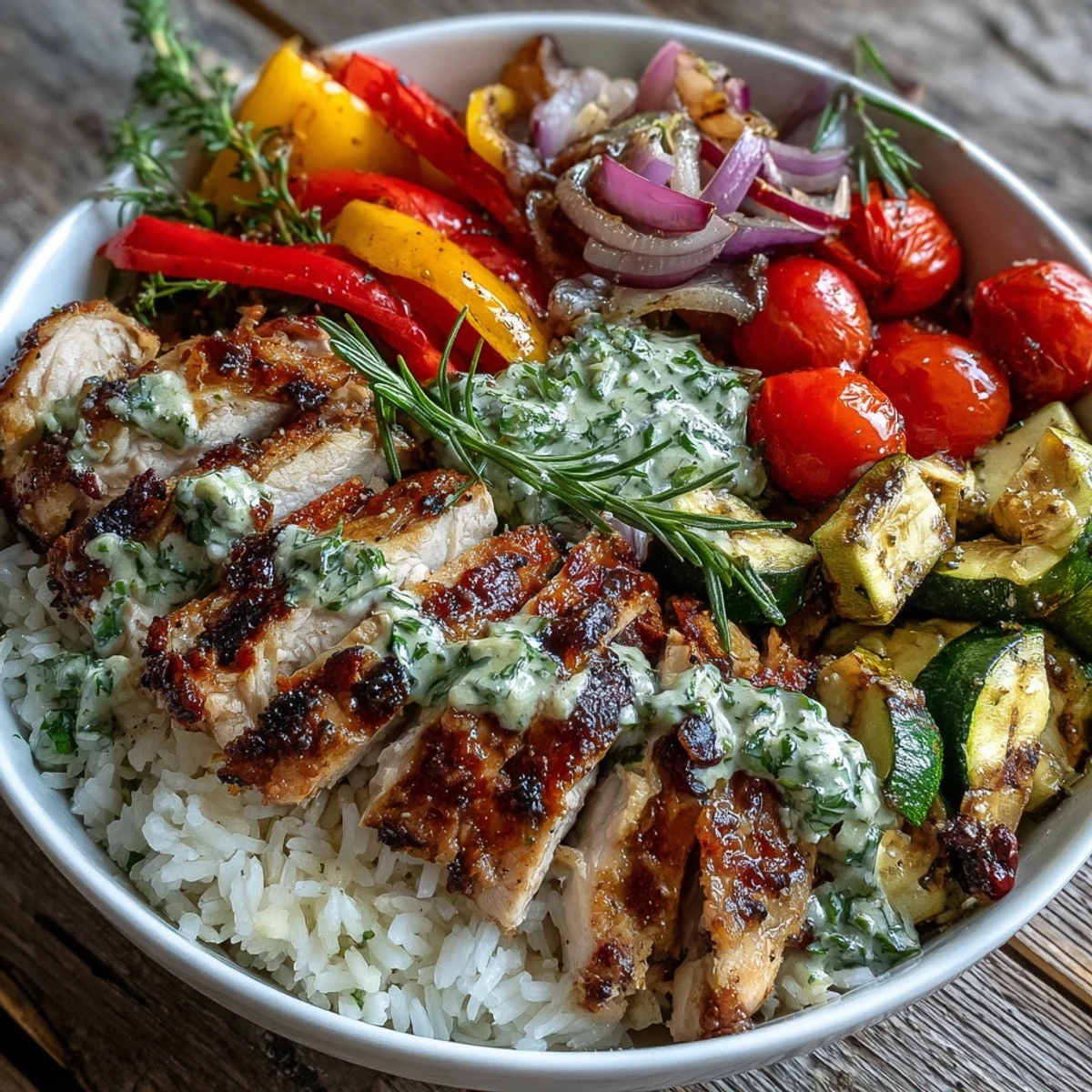 Lemon Herb Roasted Chicken Bowl with tender chicken, fluffy rice, and colorful roasted vegetables on a white plate.