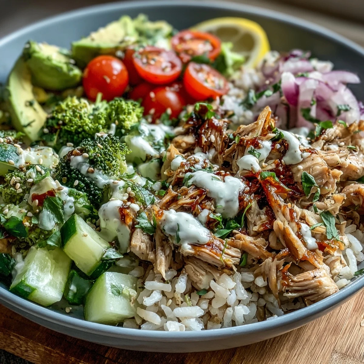 A vibrant Rotisserie Chicken Bowl with fluffy brown rice, fresh veggies, and creamy avocado.