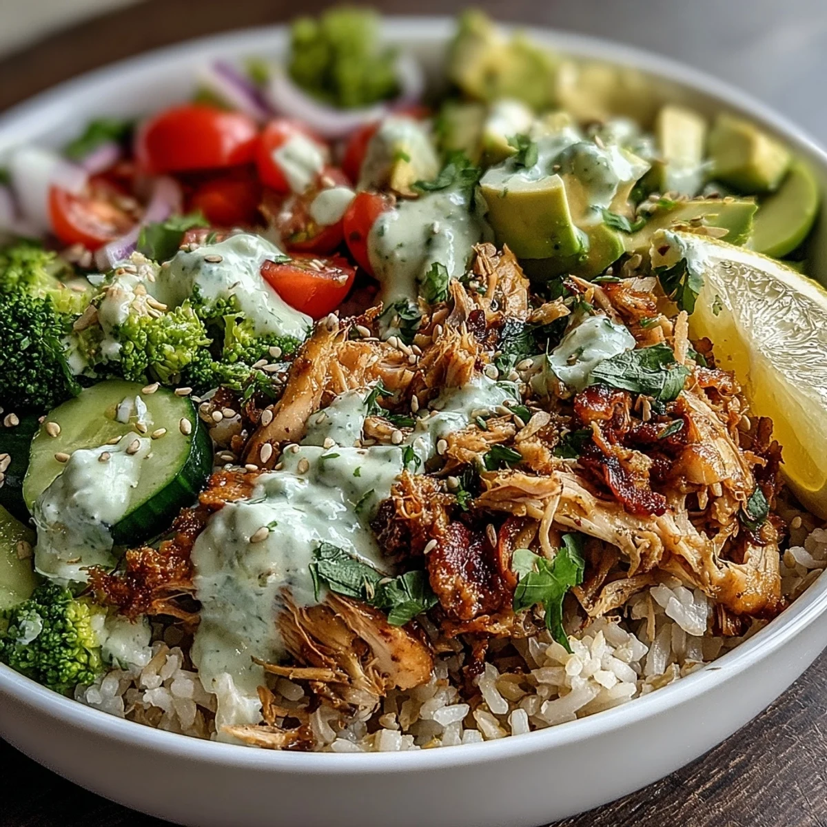 Wholesome Rotisserie Chicken Bowl garnished with herbs and sesame seeds, perfect for a quick meal.
