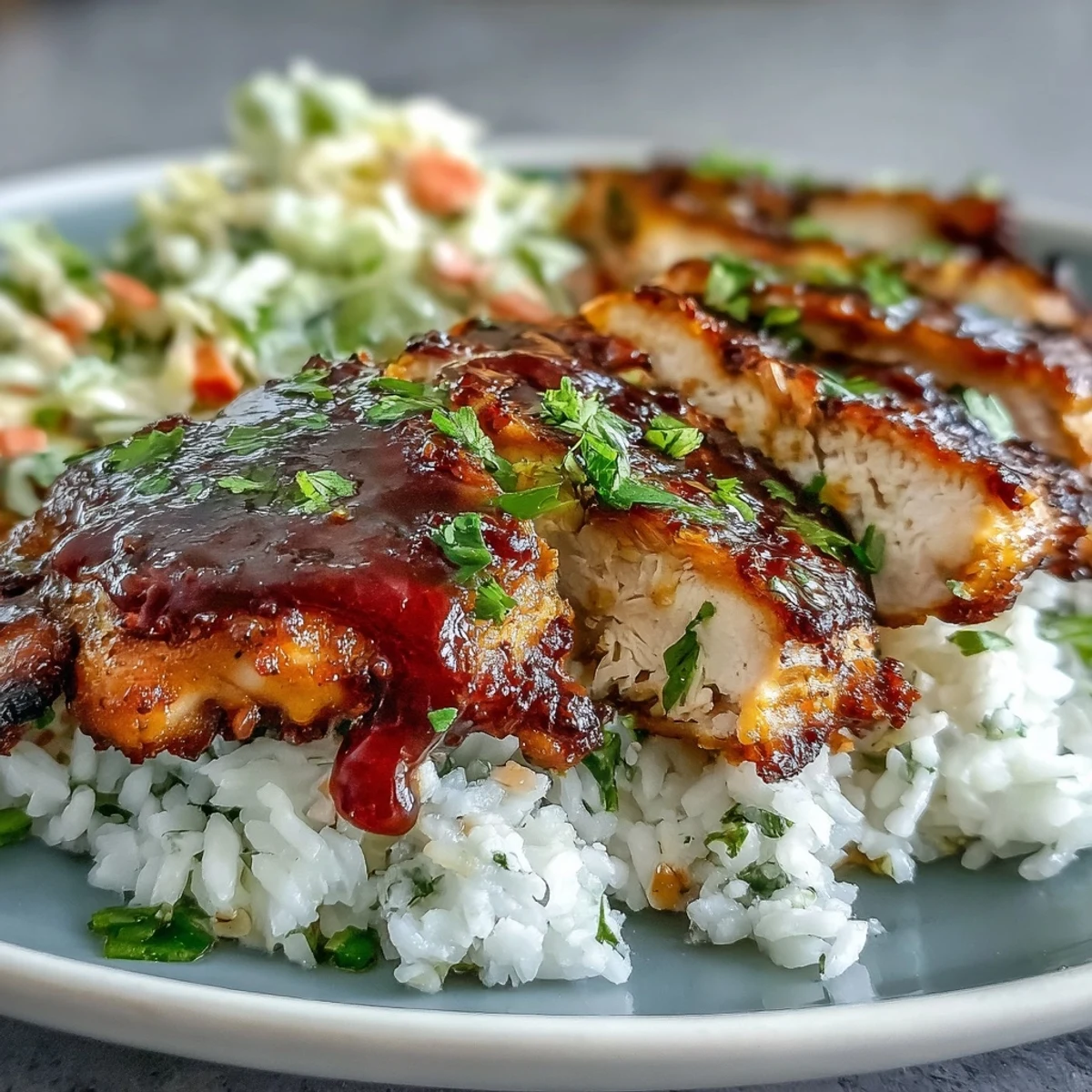 A generous BBQ Chicken Bowl features golden roasted veggies and creamy coleslaw, perfect for a wholesome dinner.