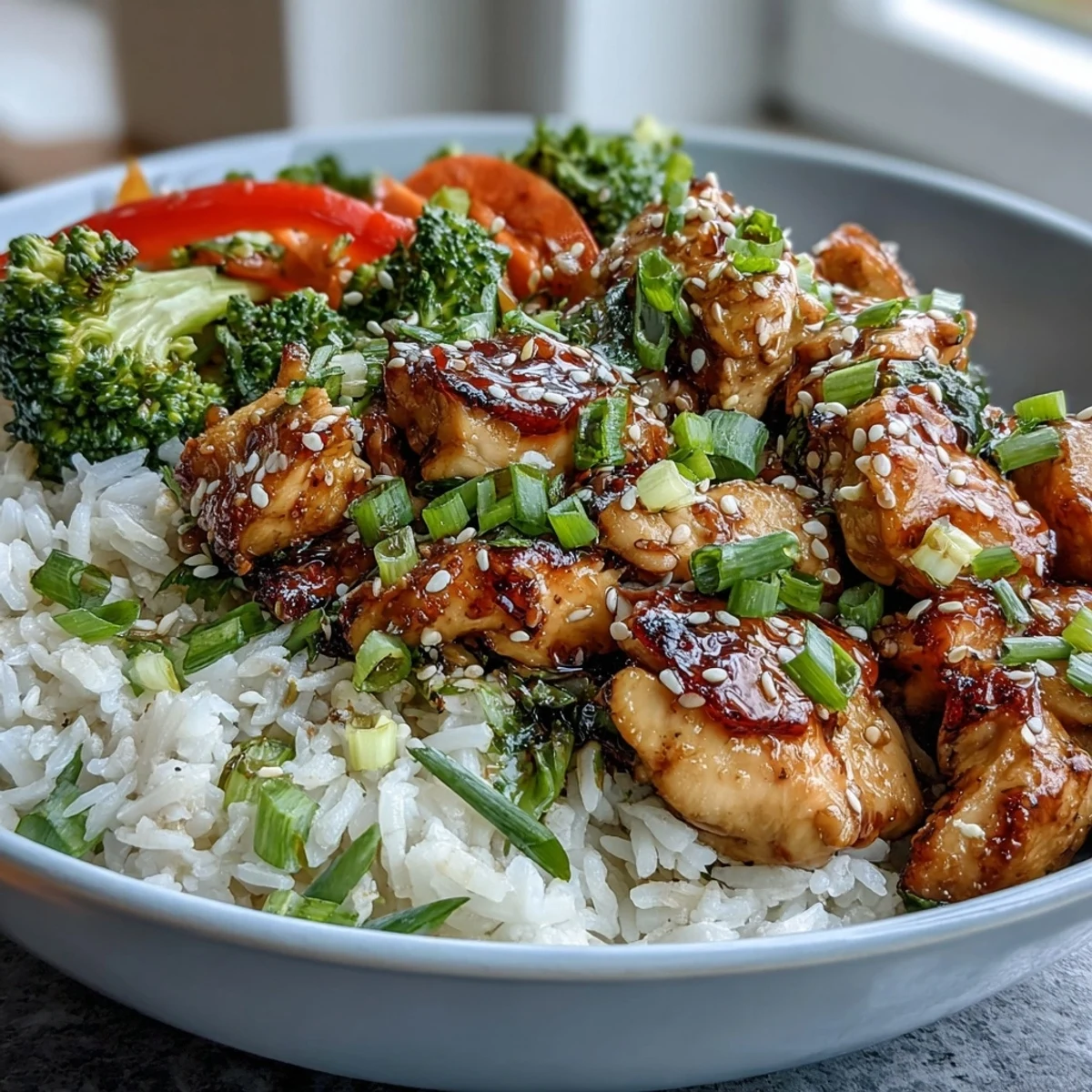 A fresh bowl of Chicken and Rice Bowl garnished with green onions and sesame seeds, ready to serve.