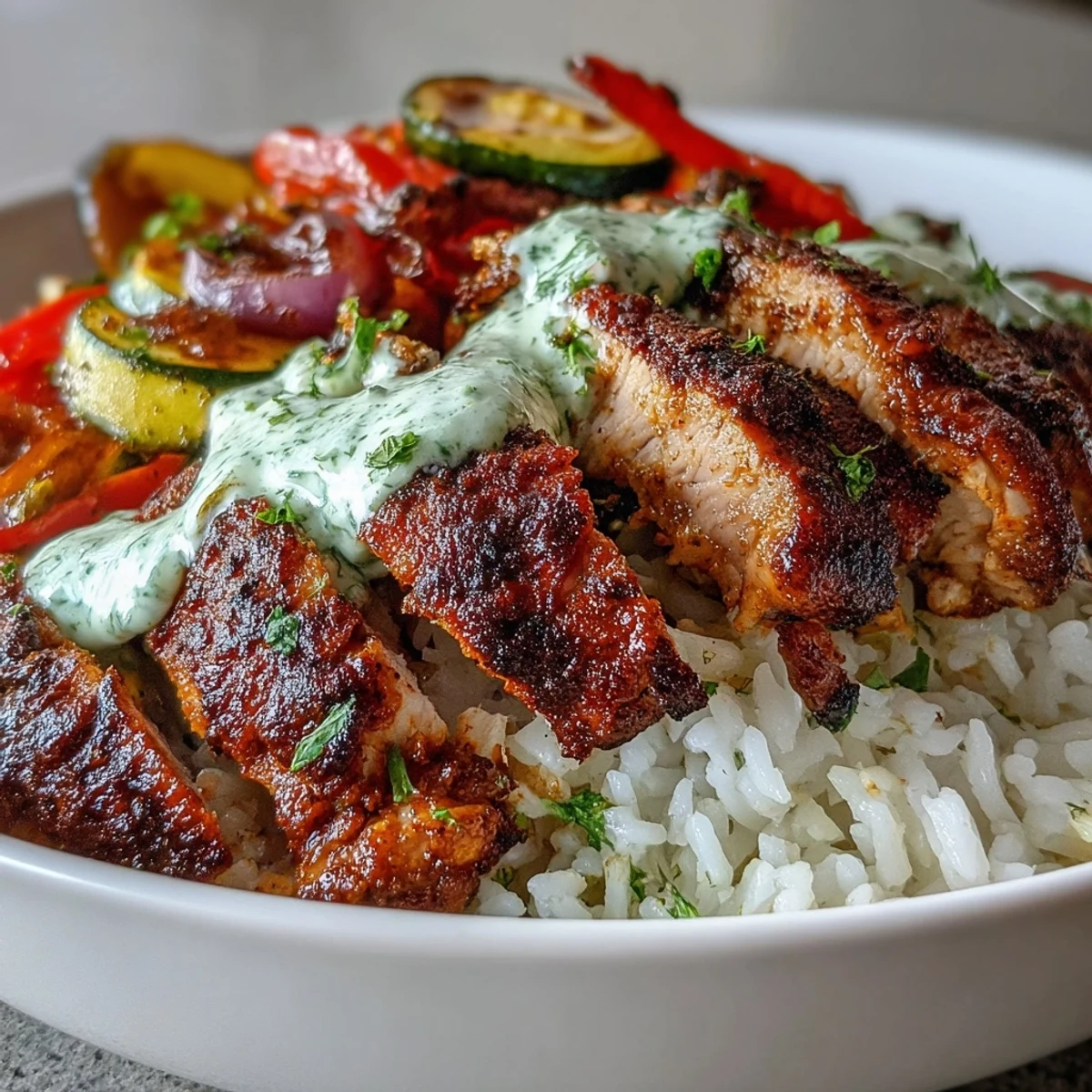 Spicy blackened chicken served in a warm bowl with fluffy rice and colorful sautéed vegetables.