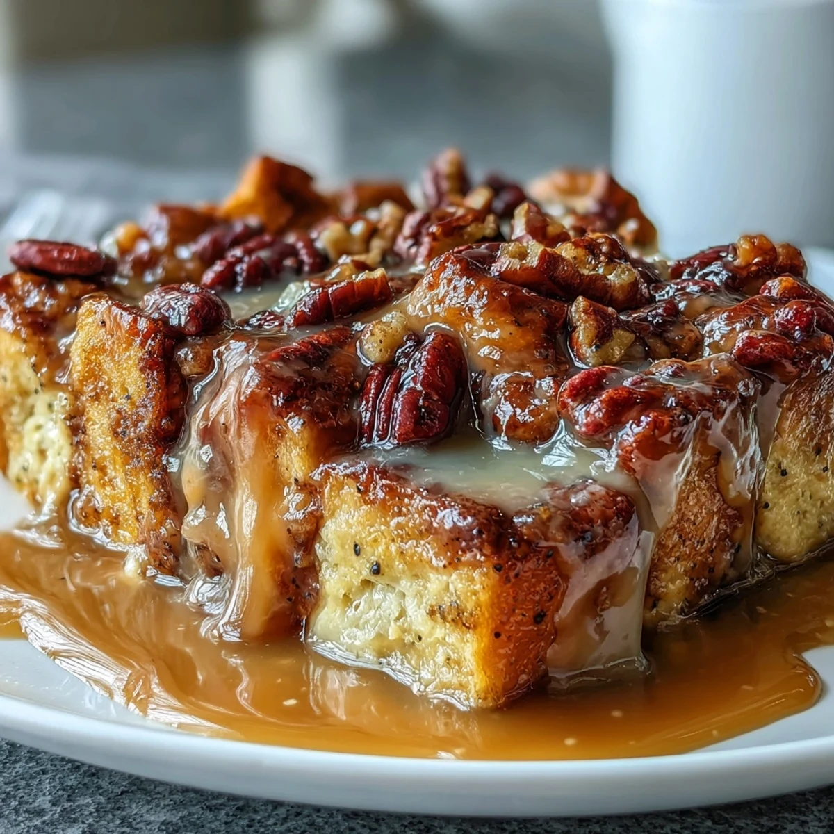 Freshly baked Guava Caramel Bread Pudding with Pecans featuring golden brioche cubes soaked in custard and drizzled with caramel sauce.