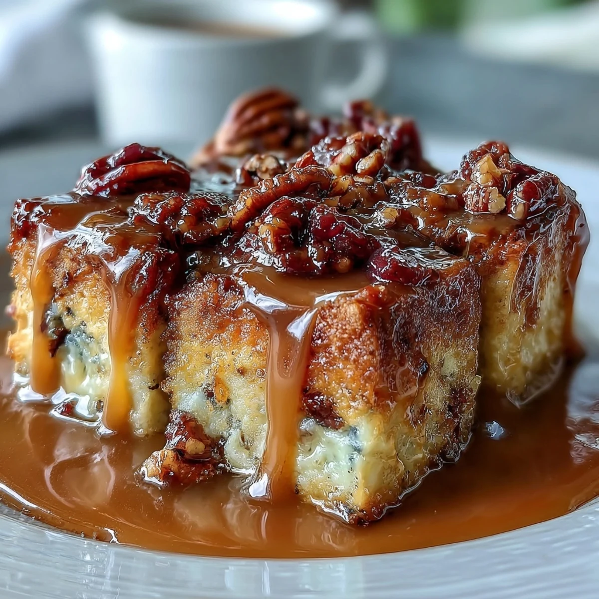 Warm Guava Caramel Bread Pudding with Pecans served in a baking dish, revealing pockets of pink guava paste and a rich, glossy finish.