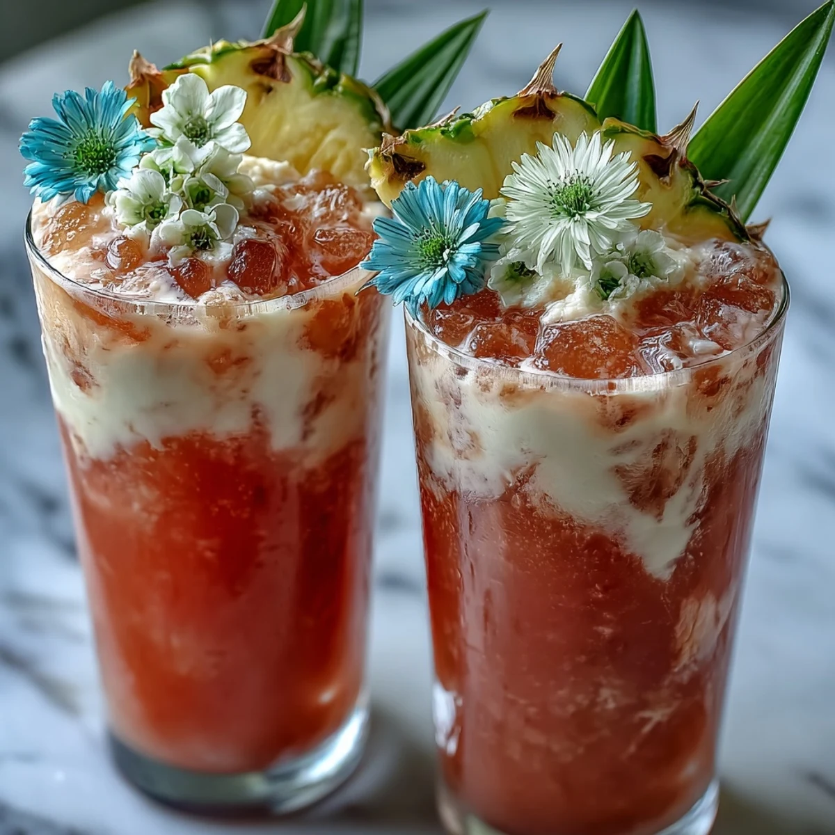 Chilled Iced Guava Passionfruit Drink in a tall glass over ice, garnished with fresh pineapple wedges for a tropical, refreshing sip.