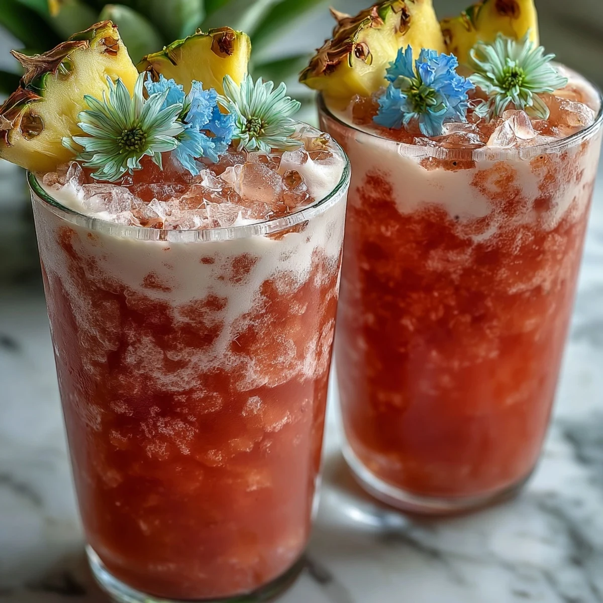 Vibrant Iced Guava Passionfruit Drink layered with creamy coconut milk and passionfruit juice, served in a glass with edible flowers.