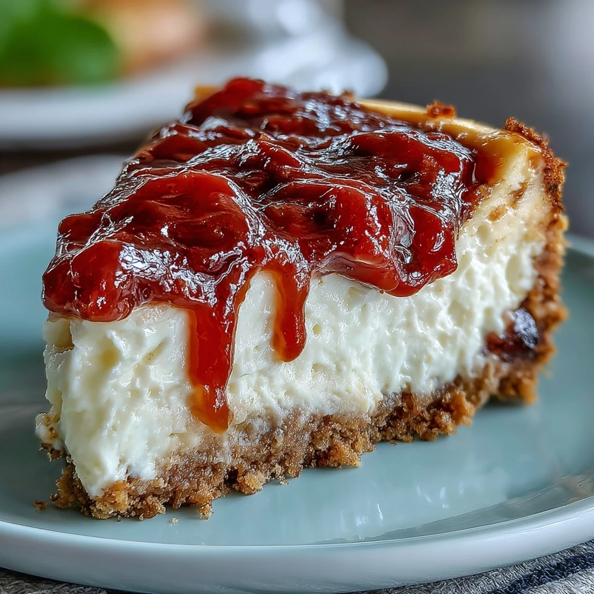 Top-down view of Guava Cheesecake topped with fresh guava slices, set against a rustic wooden table backdrop.