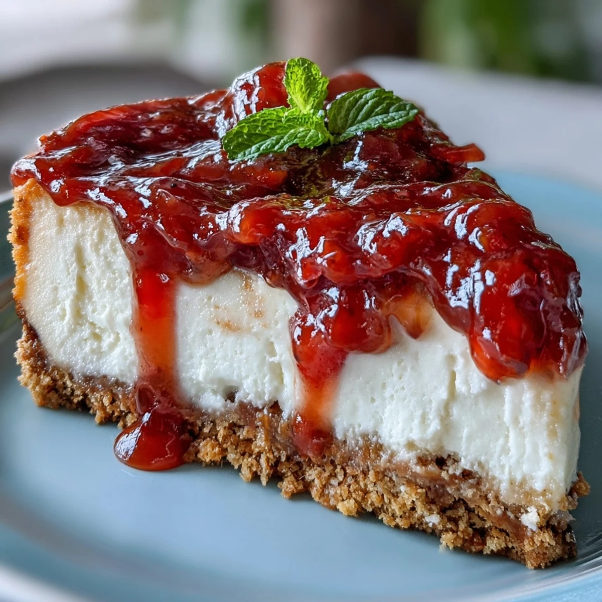 Easy Guava Swirl Cheesecake displayed in a slice showing pink and white creamy layers and a crumbly biscuit base.
