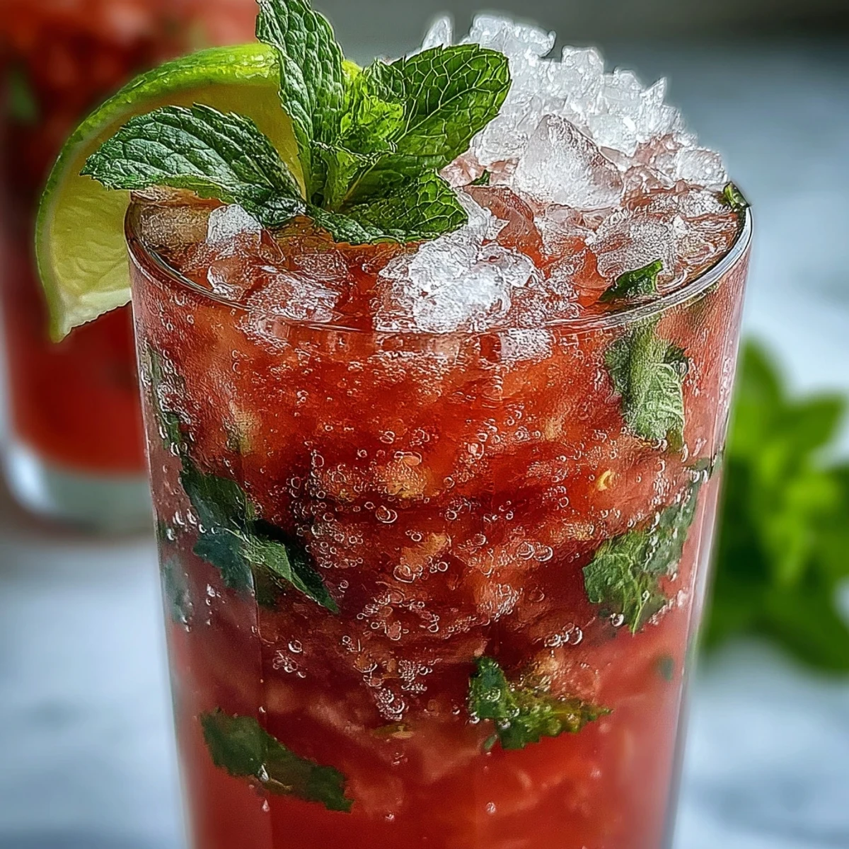 A freshly made Guava Mojito cocktail with muddled mint leaves, lime wedges, and a lime wheel garnish.