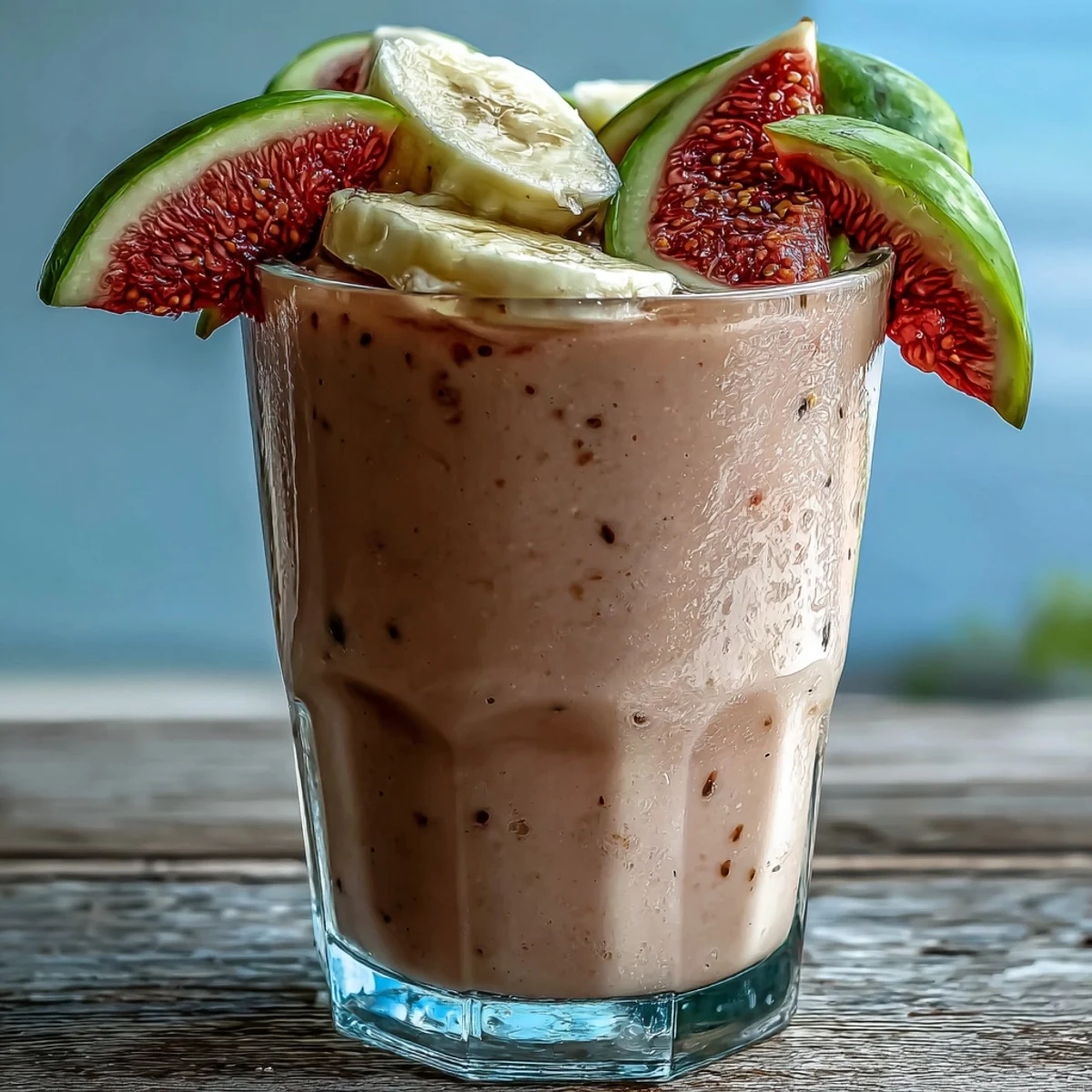Creamy Guava Banana Smoothie poured into a glass, topped with fresh banana slices and a pink straw.
