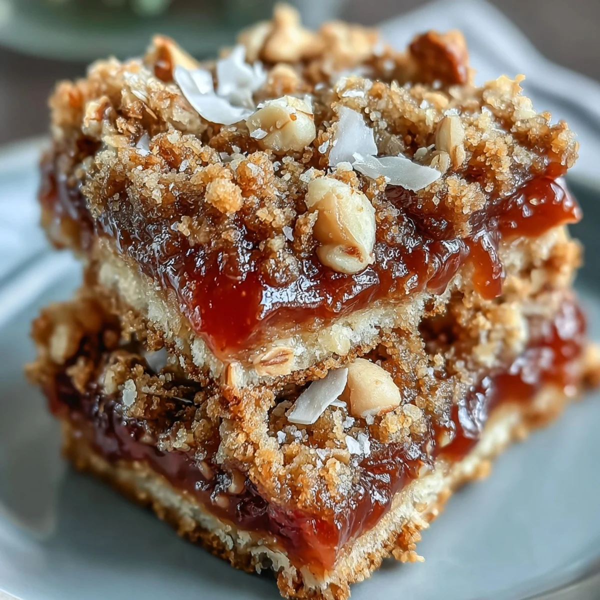 Freshly baked Guava Jam Bars with coconut macadamia oat crumble, showcasing a golden, crumbly top and vibrant pink guava filling in a square pan.