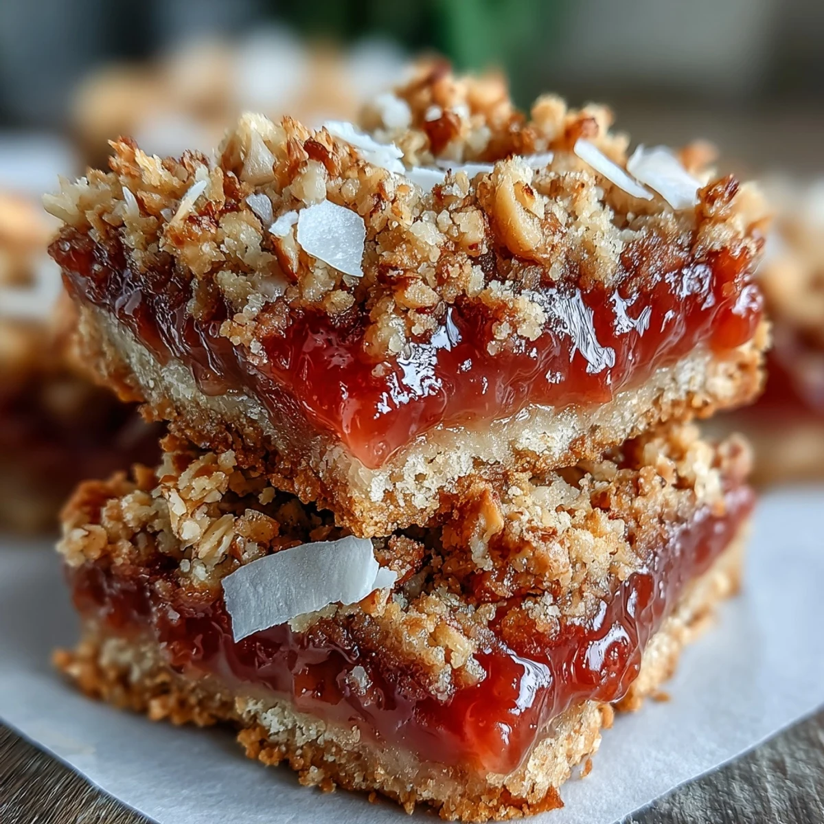 Close-up of Guava Jam Bars with a scoop of vanilla ice cream melting on top, highlighting the tropical coconut and macadamia oat crumble.