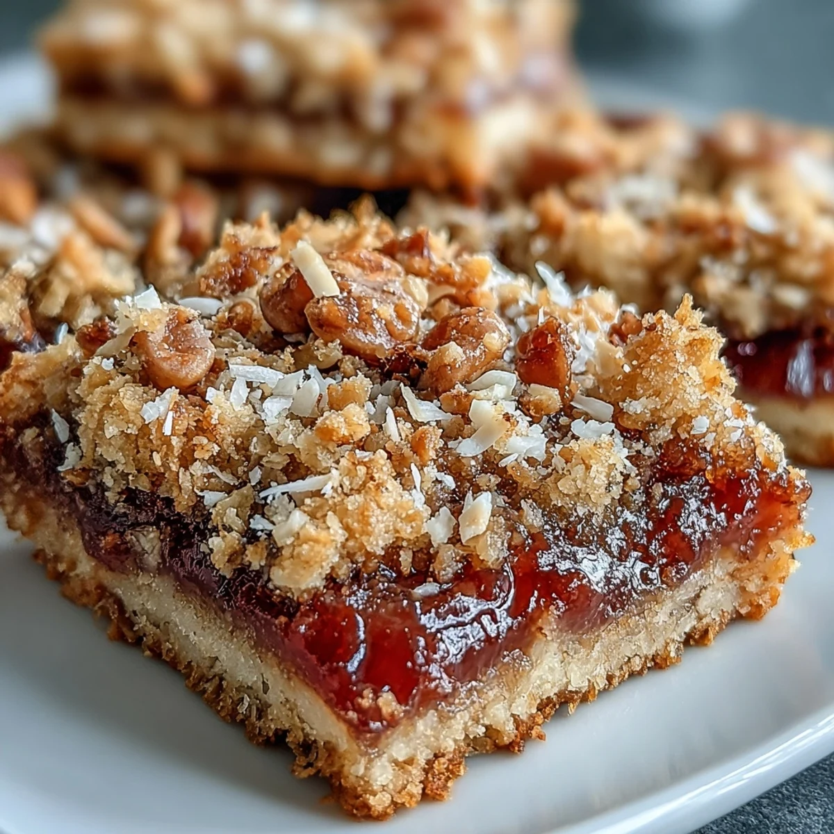 Golden-baked Guava Jam Bars on a rustic wooden board, cut to reveal layers of buttery oat crust, sweet guava jam, and chunky macadamia topping.